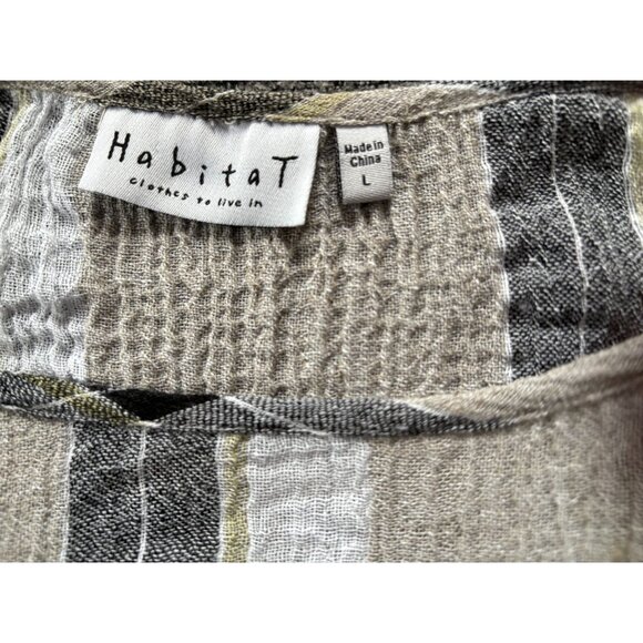 Habitat Womens Plaid Textured Linen Blend Top Size L Asymmetric Hem‎ Long Sleeve - Picture 2 of 12